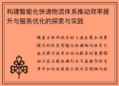 构建智能化快递物流体系推动效率提升与服务优化的探索与实践